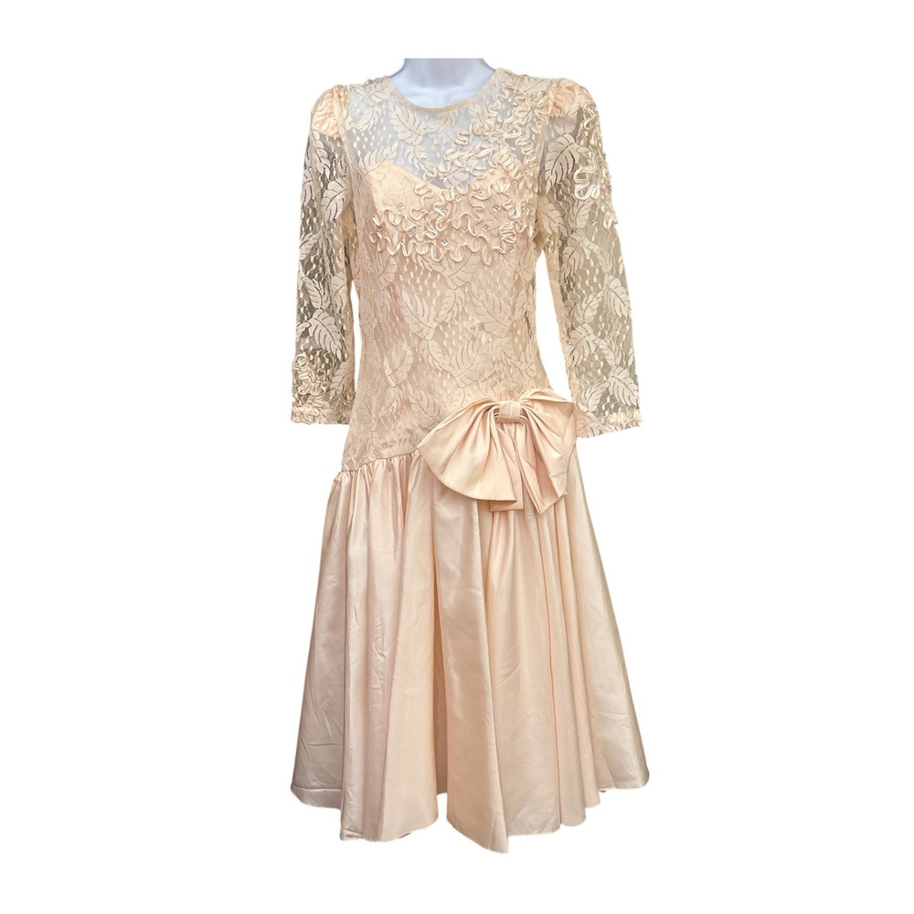 80s Niki Dress Prom Party Peach Lace Bow Vintage Regencycore Coquette Balletcore